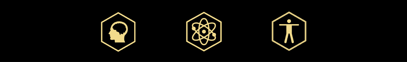 Golden atomic symbol inside a hexagon on a black background.