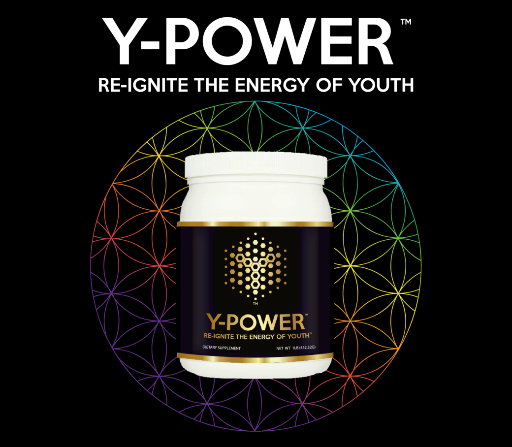 Y-POWER supplement jar with vibrant energy-themed design.