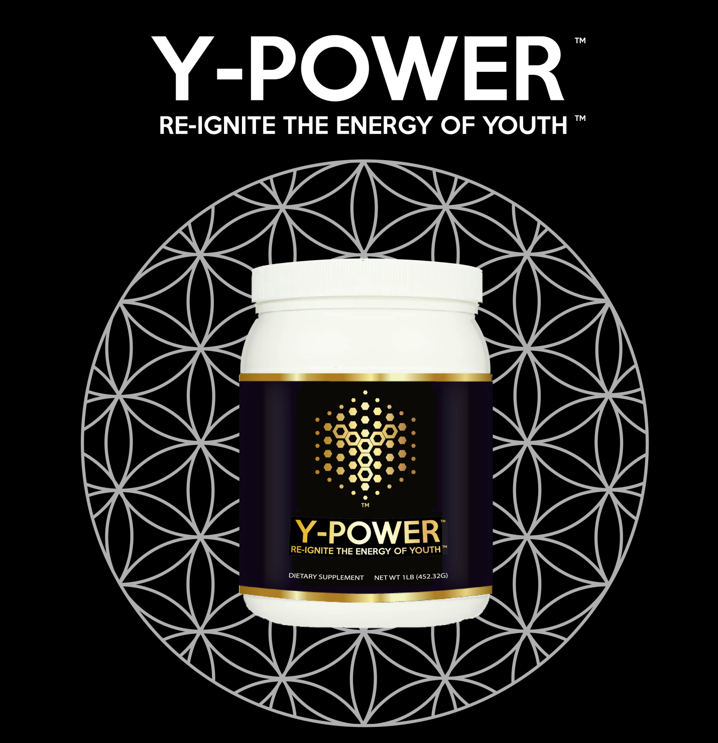 Jar of Y-Power supplement with geometric background.