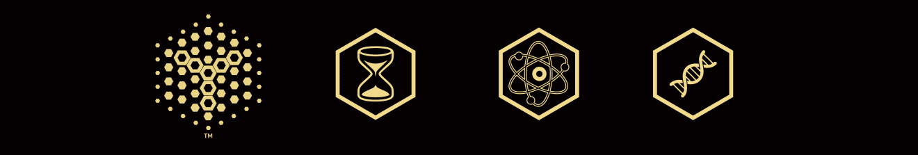 Two gold scientific icons on black: DNA strand and atom.