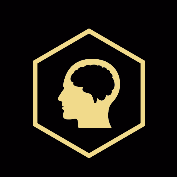 Silhouette of a human head with a brain, inside a hexagon.