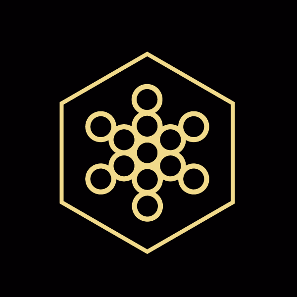 A gold geometric logo with interconnected circles inside a hexagon on black.