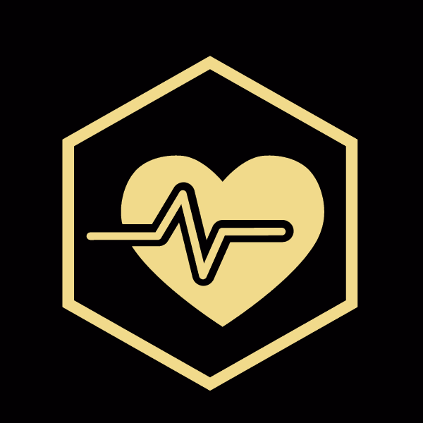 Heart with pulse line inside a hexagon, symbolizing health.