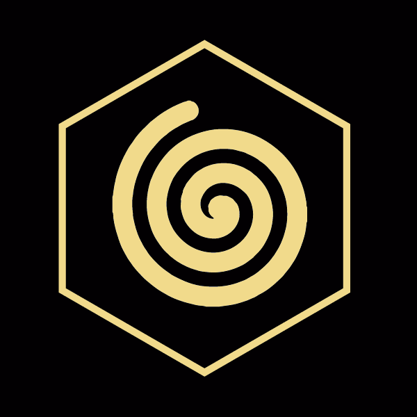 A gold spiral inside a hexagon on a black background.